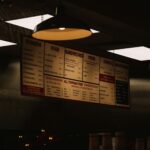 dark bar interior with a menu board